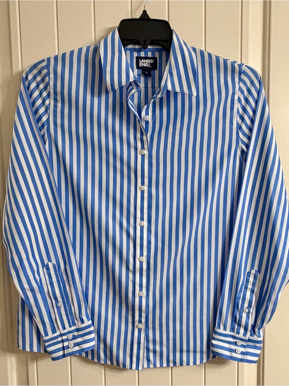 Lands' End Women’s Blue and White Vertical Stripe Dress Shirt